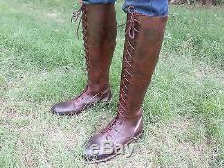 Mux Leather Vintage Two Tone Full Front Laces Horse Riding Tall Boot UK 5 12