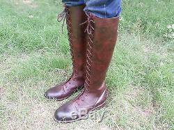 Mux Leather Vintage Two Tone Full Front Laces Horse Riding Tall Boot UK 5 12