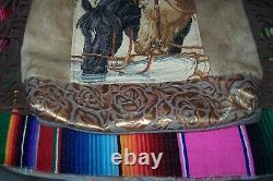 OOAK Large Custom Design Serape Needlepoint Horse Leather Fringe Western Purse