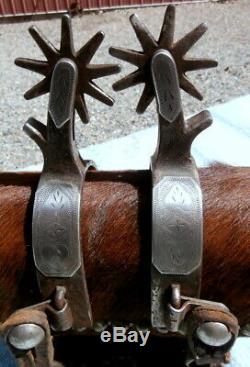 Old Vintage Silver Iron Crockett Horse Spurs Leather Straps
