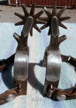 Old Vintage Silver Iron Crockett Horse Spurs Leather Straps