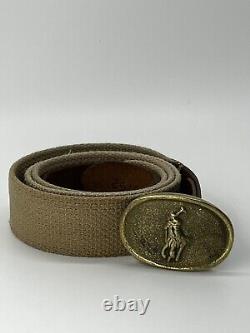 POLO Ralph Lauren Vintage Brown Leather Canvas Belt Brass Rider Pony Horse Buckl