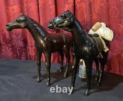 Pair Of Vintage Antique Tooled Wrapped Leather Figural Horse Statue Figures