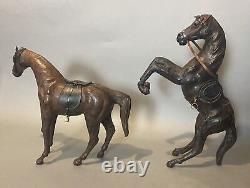 Pair Of Vintage Antique Wrapped Tooled Leather Figural Horse Statue Figures
