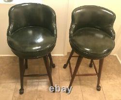 Pair Of Vintage Rare Early Baker Furniture Green Leather & Horse Hoof Bar Stools