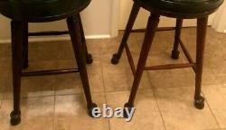 Pair Of Vintage Rare Early Baker Furniture Green Leather & Horse Hoof Bar Stools