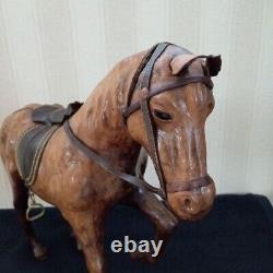 Powerful leather-wrapped horse figurine vintage animal Object 34×29cm