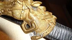 RARE Vintage Italy signed detail brass GUCCI Double Horse Heads black belt 90-36
