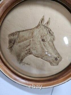 RARE Vintage Signed Leather Pyrography Art Horses Western Country Rodeo