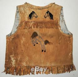 RARE Vtg 1930s Kitsch Leather Western Fringe Vest withBeaded Horses Small
