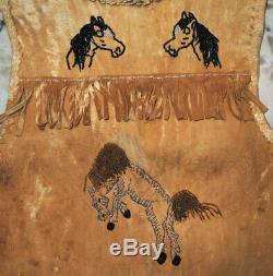 RARE Vtg 1930s Kitsch Leather Western Fringe Vest withBeaded Horses Small