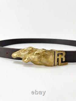 Ralph Lauren Brass Double Horse Head English Bridle Leather Brown Gold Vintage