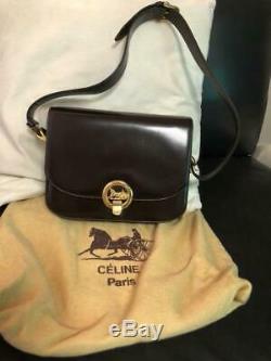 Rare Authentic Celine Vintage Shoulder Bag Leather Dark Brown Horse Carriage