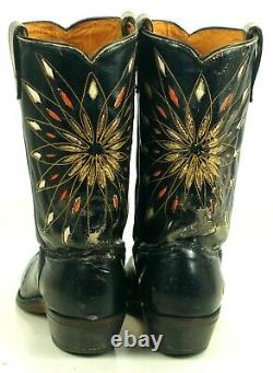 Rare Dodge City Black Cowboy Boots Inlay Gold Sunburst Vintage 50s 60s Men's 8.5