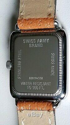 Rare Swiss Army Cavalry Rectangular White Face Date Watch Brown Leather Band