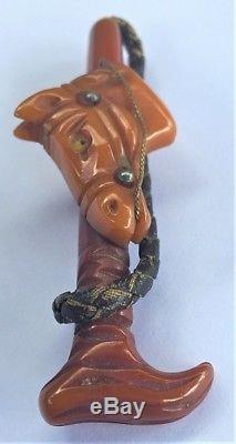 Rare Vintage 1940's Carved Bakelite Horse & Riding Crop Leather Whip Brooch Pin