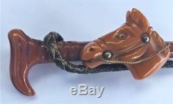Rare Vintage 1940's Carved Bakelite Horse & Riding Crop Leather Whip Brooch Pin