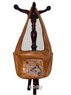 Rare Vintage Hand Made Genuine Leather Rose & Horse Carved Handbag Excellent