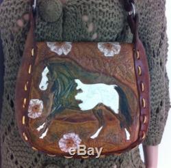Rare Vintage Leather Horse Flower Tooled Painted 1970'S Festival Woodstock Purse