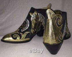 Rare ZALO Vintage Leather Horse Appliqué Ankle Boots Bootie Black & Metallic 7.5