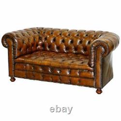 Restored 1900's Chesterfield Buttoned Hand Dyed Brown Leather Sofa Horse Hair