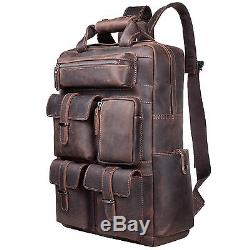 S-ZONE Vintage Crazy Horse Genuine Leather Backpack Multi Pockets Travel Sports