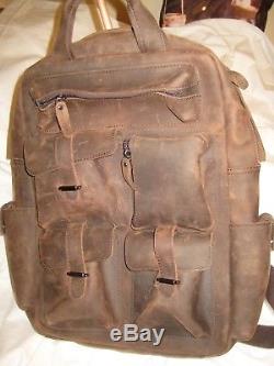 S-ZONE Vintage Crazy Horse Genuine Leather Computer Travel Sports Backpack EUC