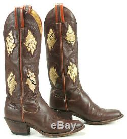 Sanders Vintage Womens 17 Inch Tall Cowboy Boots Brown Leather Inlay Snake 6.5 C