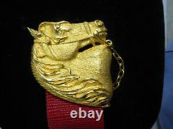 Signed Douglas Paquette Equestrian Gold Tone Horse Head Buckle Red Leather Belt
