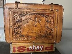 Stunning Vintage Hand Tooled Leather Suitcase Horse Head