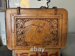 Stunning Vintage Hand Tooled Leather Suitcase Horse Head