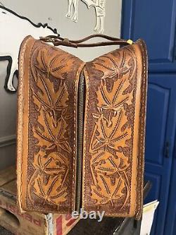 Stunning Vintage Hand Tooled Leather Suitcase Horse Head