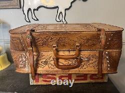 Stunning Vintage Hand Tooled Leather Suitcase Horse Head