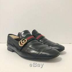 Sz. 10 Vintage Gucci Black Leather Horse Bit Green Red Stripe Loafers Italy Vtg
