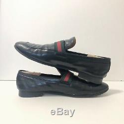 Sz. 10 Vintage Gucci Black Leather Horse Bit Green Red Stripe Loafers Italy Vtg
