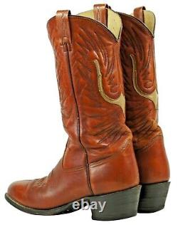 Texas Brown Leather Cowboy Boots Vintage USA Made Inlay Bone Steerhead Men's 9 D