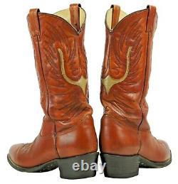 Texas Brown Leather Cowboy Boots Vintage USA Made Inlay Bone Steerhead Men's 9 D