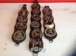Three Fabulous Vintage Horse Leather Harness Bridle Straps & 14 Brass Medallions