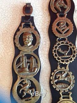 Three Fabulous Vintage Horse Leather Harness Bridle Straps & 14 Brass Medallions