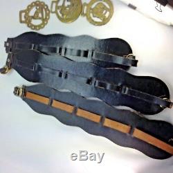 Three Leather Martingale Straps with 16 Brass Horse Vintage Medallions England