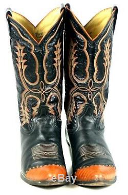 Tony Lama Black Leather Cowboy Boots Pumpkin Wingtip Vintage US Made Men's 9.5 D