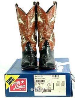 Tony Lama Kidd Leather Inlay Cowboy Boots Vintage TX Made Orig Box Women's 6.5 B