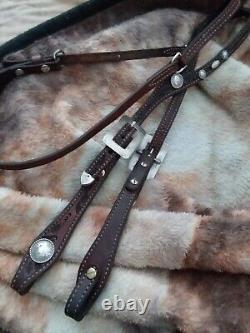 Tooled fixed ear dark oil headstall with sterling buckles & vtg. Fleming conchos