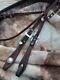 Tooled fixed ear dark oil headstall with sterling buckles & vtg. Fleming conchos