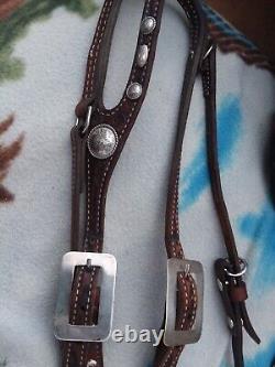 Tooled fixed ear dark oil headstall with sterling buckles & vtg. Fleming conchos