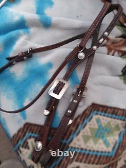 Tooled fixed ear dark oil headstall with sterling buckles & vtg. Fleming conchos