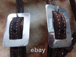 Tooled fixed ear dark oil headstall with sterling buckles & vtg. Fleming conchos