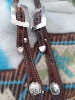 Tooled fixed ear dark oil headstall with sterling buckles & vtg. Fleming conchos