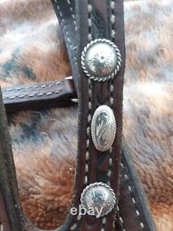 Tooled fixed ear dark oil headstall with sterling buckles & vtg. Fleming conchos