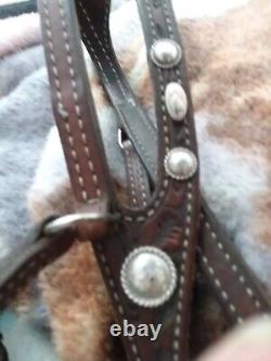 Tooled fixed ear dark oil headstall with sterling buckles & vtg. Fleming conchos